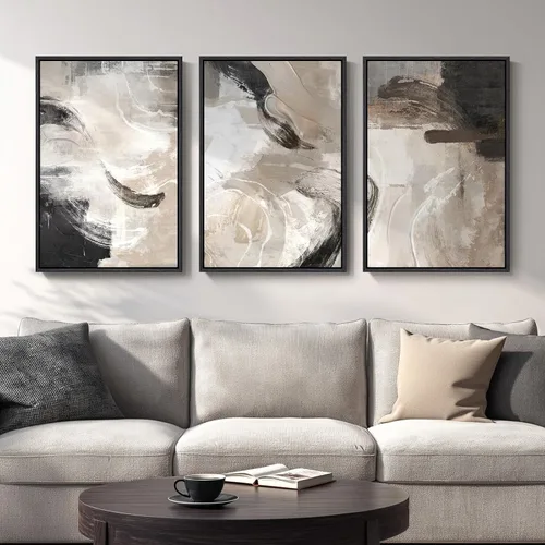 Miniatura 10 de Arte de pared abstracto neutro con marco grande para sala de estar, 3 piezas, impresiones modernas en lienzo para paredes, cuadros negros y beige