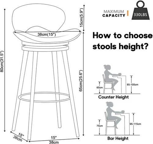 Miniatura 3 de Taburete de bar moderno con Patas de Metal Negro, giratorio de 360 grados, cómodo y tapizado, ideal para el hogar, bar, cocina, isla, comedor o Pub