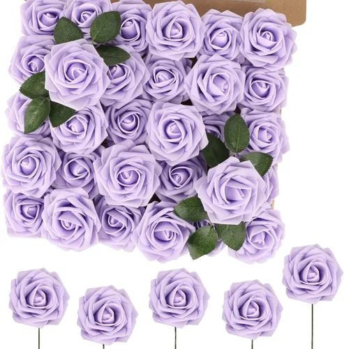 Miniatura 50 de MACTING 30 Rosas Artificiales Blancas Flores Falsas con Tallo Rosas de Espuma de Tacto Real para DIY Arreglos de Ramo de Boda Centros de Mesa White-1