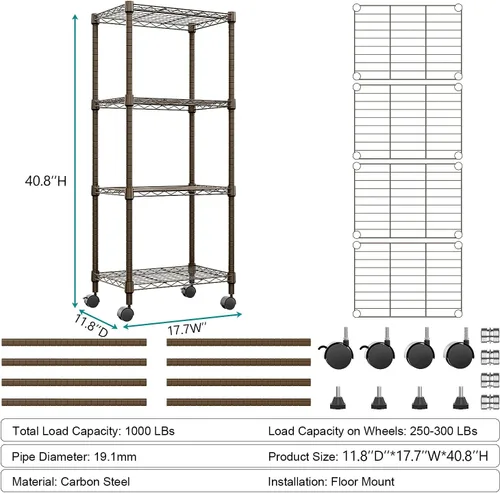 Miniatura 3 de M MZG Estante de alambre de acero resistente ajustable de 1000 libras, con 4 estantes, unidad de almacenamiento ajustable con rueda para cocina