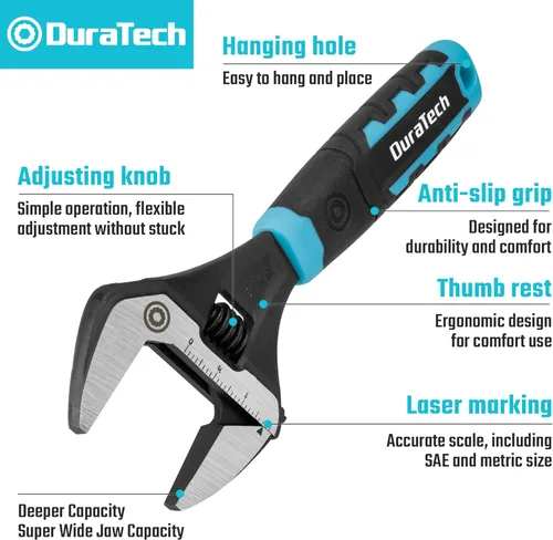 Miniatura 2 de DURATECH Llave ajustable de 8 pulgadas, llave de fontanería de apertura de mandíbula ancha, acero CR-V, SAE y escala métrica marcada, agarre Negro
