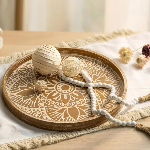 Miniatura 10 de Hanobe Bandeja decorativa redonda para mesa: bandejas de mesa de café boho para decoración del hogar – Medio siglo Farmhouse Circle Wood Serving
