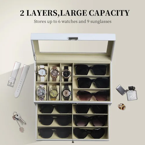Miniatura 4 de AUTOARK AW-131 - Caja de cuero para 6 relojes, joyero y 9 piezas para guardar lentes de sol y lentes de sol, cajón organizador con cerradura