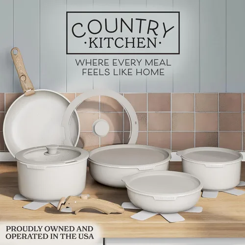 Miniatura 2 de Country Kitchen Juego de utensilios de cocina con mango extraíble, juego de ollas y sartenes aptas para horno y caravana, mango de madera moteada