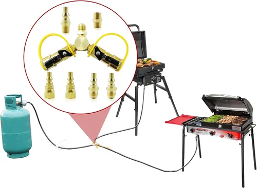 Miniatura 7 de Kit adaptador divisor en Y de propano de 1/4 pulgadas, 2 vías RV a parrilla de conexión rápida/desconexión de manguera de gas LP para cámperes