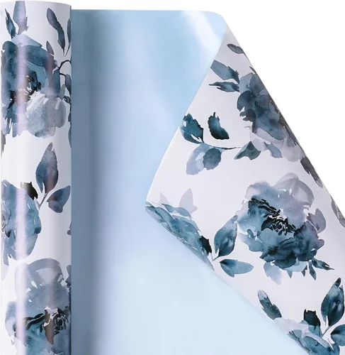 Miniatura 7 de RUSPEPA Papel de regalo reversible floral para niñas y mujeres, mini rollo, acuarela azul floral y azul sólido papel de regalo para cumpleaños, Rosa