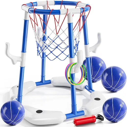 NIPLOOOW Aro de baloncesto para piscina, juego de anillos flotantes 2 en 1 con 4 bolas y bomba, piscina al aire libre, juegos de baloncesto, juguete