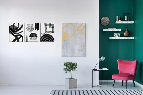 Miniatura 5 de Arte de pared abstracto bohemio en blanco y negro, 3 piezas, lienzo estirado y enmarcado, pintura de tinta fluida negra, arte de pared de línea