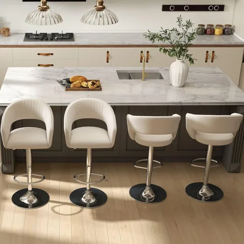 Miniatura 7 de Hyfirm Juego de 2 modernas sillas de bar de cocina con base cromada dorada, taburetes de bar giratorios ajustables con respaldo y reposapiés