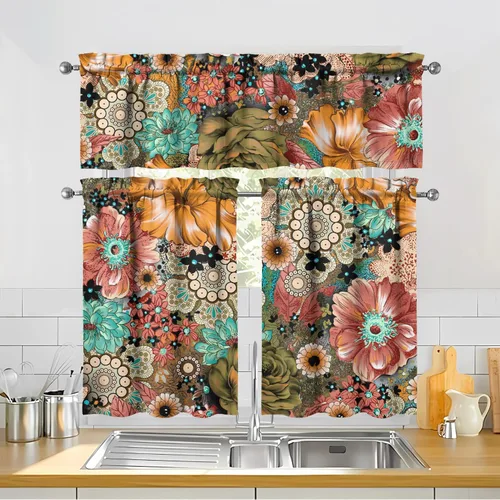 Miniatura 3 de Juegos de cortinas bohemias de cocina para ventanas, cortina bohemia con flores, cenefa para ventana de fregadero, juego de 3 piezas, decoración