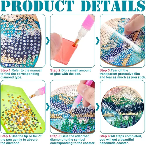 Miniatura 3 de 8 posavasos de pintura de diamantes para manualidades, paisaje, bricolaje, 5D, kit de pintura de diamante, posavasos brillantes con soporte