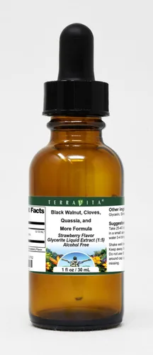 Terravita Extracto líquido de glicerita de fórmula de nuez negra, clavo, quassia y más (1:5), sabor a fresa (1 oz, ZIN: 523752)