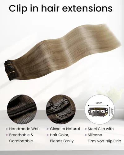 Miniatura 3 de LaaVoo Extensiones de cabello humano real con pinzas, color marrón claro a rubio ceniza, mezcla de rubio platino, balayage, extensiones de cabello