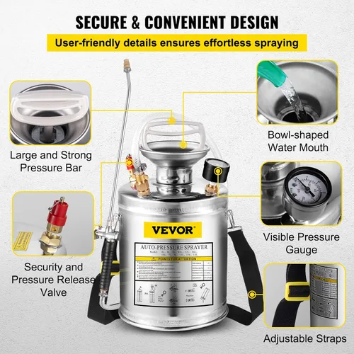 Miniatura 5 de Happybuy Pulverizador de bomba de acero inoxidable de 1 galón, varita de 12 pulgadas y manguera reforzada de 3 pies, medidor de presión, válvula