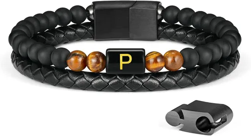 Miniatura 79 de LUXEJEW Regalo Navidad para hombre, brazalete de cuero con cuentas, con letra inicial nombre, 15/64 de pulgada, ágata mate, hecho a mano, ajustable