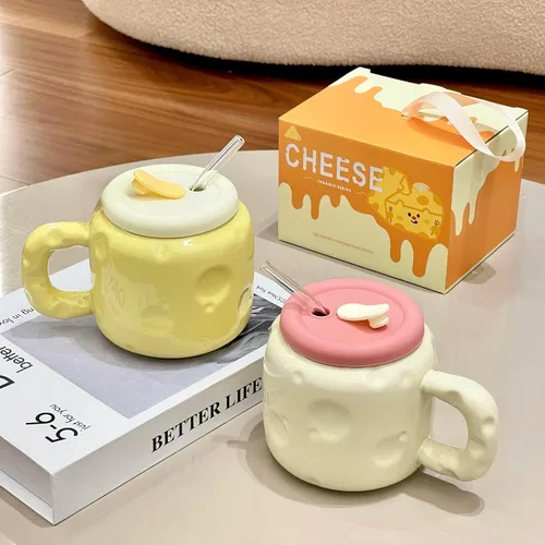 Miniatura 2 de Juego de tazas de cerámica en forma de queso de 25 onzas – Taza de café de cerámica bonita con tapa y pajita, taza de café grande regalo