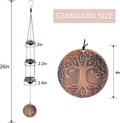 Miniatura 3 de ASTARIN Campanas de viento del Árbol de la Vida para exterior, Campana de viento de templo de cobre rojo con 3 campanas, Campana de viento de cobre