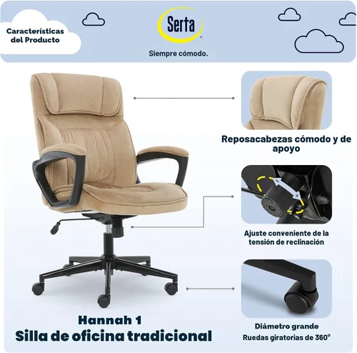 Miniatura 4 de Serta® Hannah Silla ejecutiva para oficina en casa, ergonómica de respaldo medio con soporte lumbar, cojín de asiento firme, almohadas corporales