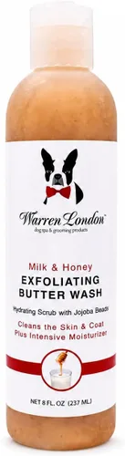 Warren London Champú exfoliante para perros con mantequilla – leche y miel, 8 onzas | Champú limpiador, acondicionador y exfoliante con cuentas de