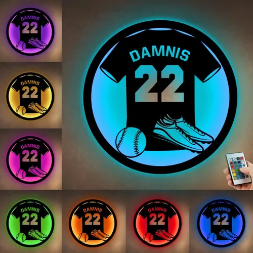 Miniatura 15 de Letrero de metal de jersey deportivo personalizado con luz LED, nombre y número personalizado, letrero de neón con nombre personalizado, decoración
