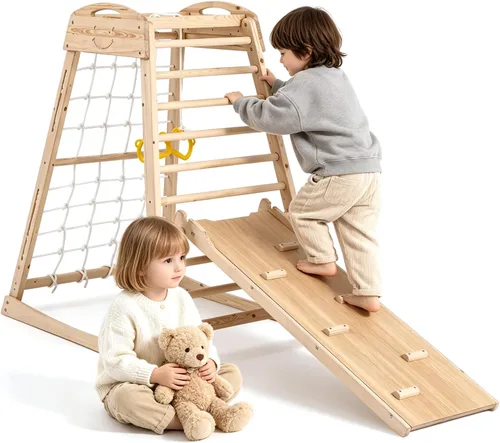 Gimnasio cubierto de la selva, Zona de juegos interior de madera, (7 en 1) juguetes de escalada para niños pequeños, Gimnasio con tobogán, red de