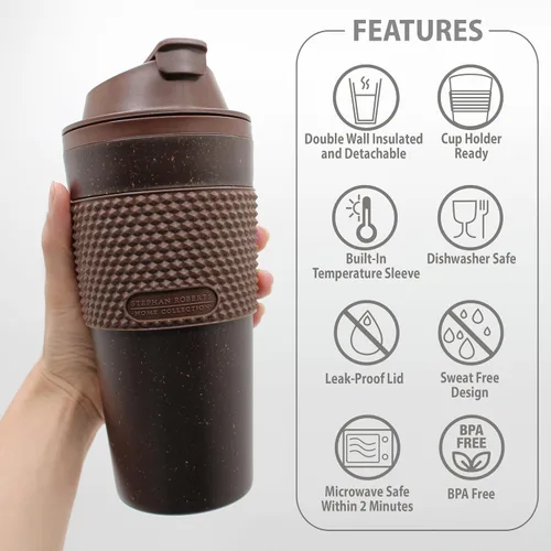 Miniatura 2 de Juego de Vasos Térmicos para Café de 16 onzas, Paquete de 2, Fabricado con Posos de Café Reales, Pared Doble Desmontable y Aislante, Listo