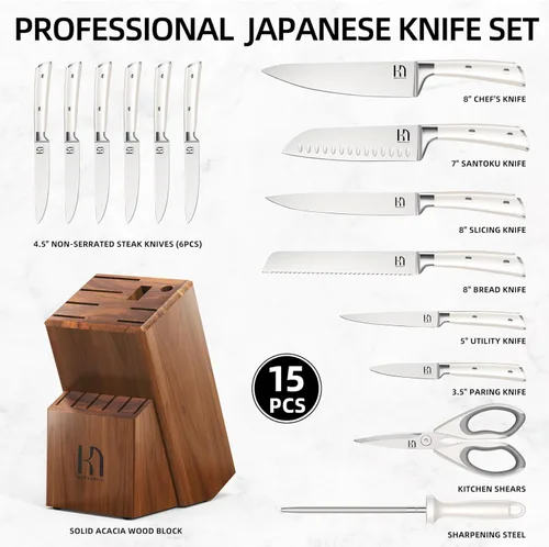 Miniatura 5 de KnifeSaga Juego de cuchillos de cocina de alta calidad, acero inoxidable japonés de alto carbono, 15 piezas, juego de bloques de cuchillos ultra