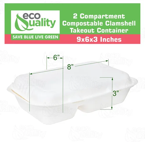 Miniatura 3 de Compostable 2 compartimentos rectangulares con bisagras Clamshell Take Out Contenedores de alimentos 9x6x3,Calidad resistente desechable para llevar