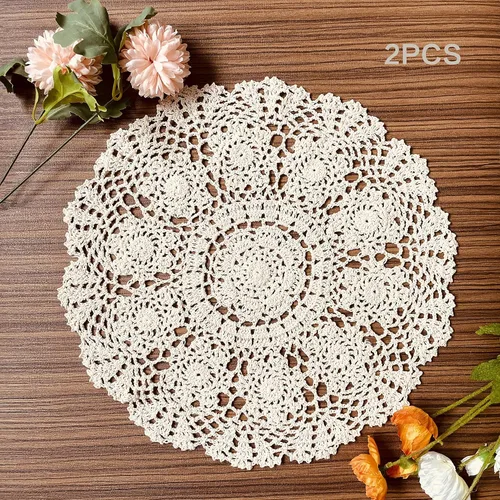 COOKY Juego de 2 manteles individuales hechos a mano, manteles individuales de tela de encaje para decorar con flores, color beige (redondo, 15.7