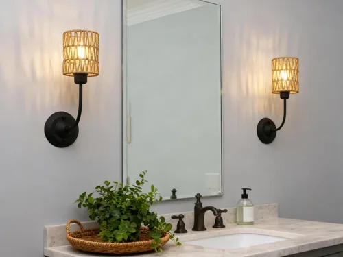 Miniatura 4 de Yosoan Juego de 2 lámparas de pared de ratán estilo bohemio envueltas, lámparas de estilo granja vintage con cableado fijo dorado, trenzado de latón