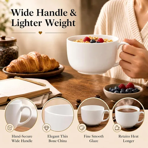 Miniatura 5 de Juego de tazas grandes de sopa con asas, 2,25 onzas, tazas de café de porcelana fina, aptas para microondas y cuencos de avena para café, té