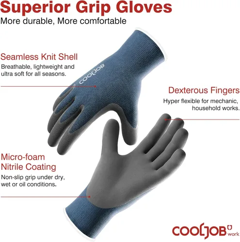 Miniatura 2 de COOLJOB Guantes de trabajo de seguridad de nitrilo de microespuma para jardín con dedos táctiles, 6 pares, guantes ligeros para manos sudorosas