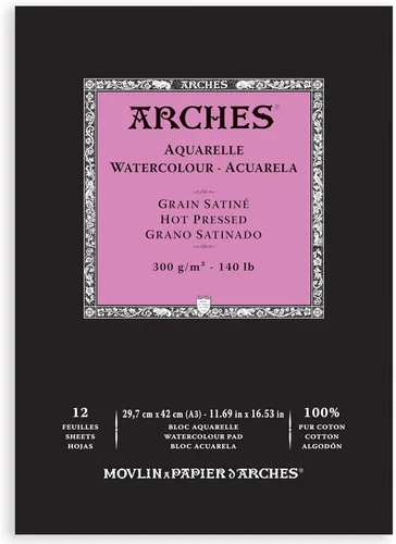 Arches Bloc de acuarela, prensa caliente, 11.69 x 16.53 pulgadas, 12 hojas, papel de arte profesional para acuarela gouache tinta acrílica