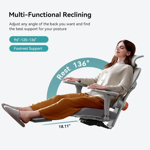 Miniatura 6 de Newtral Silla de oficina ergonómica con soporte lumbar de seguimiento automático, reclinable de 136°, silla de escritorio para computadora con Gris