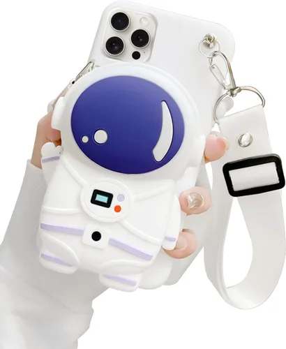 Funda tipo cartera para iPhone 6/6s con correa cordón, lindo monedero de astronauta, funda divertida para teléfono, funda Kawaii de silicona suave a