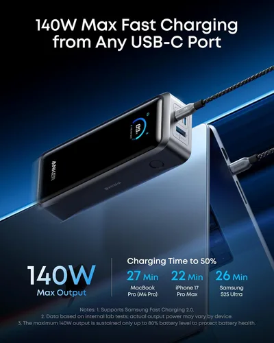 Miniatura 3 de Anker Prime Power Bank, banco de energía portátil de 3 puertos de 26,250 mAh con salida máxima de 300 W, carga bidireccional, aprobado por la TSA