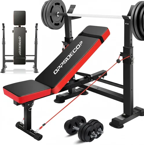 OPPSDECOR Juego de banco de pesas todo en uno de 900 libras con estante para sentadillas, banco de entrenamiento ajustable con desarrollador de