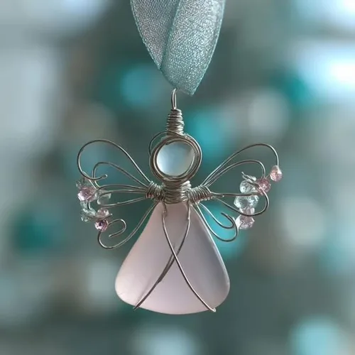 Miniatura 5 de Adorno de ángel de cristal de mar hecho a mano, hecho a mano, decoración de ángel envuelto en alambre plateado, decoración única de árbol de Navidad