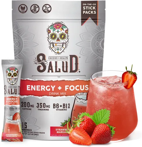Salud 2-en-1 Polvo de Bebida Energética + Enfoque, Margarita de Fresa, Cafeína Orgánica, B6 + B12, Teanina, Paquetes de Bebida Energética Limpia,