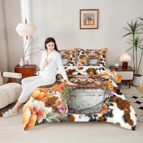 Miniatura 2 de Juego de edredón con diseño de vaca de las tierras altas para niños y adultos, juego de cama retro con piel de vaca, estilo granja, animal, ropa