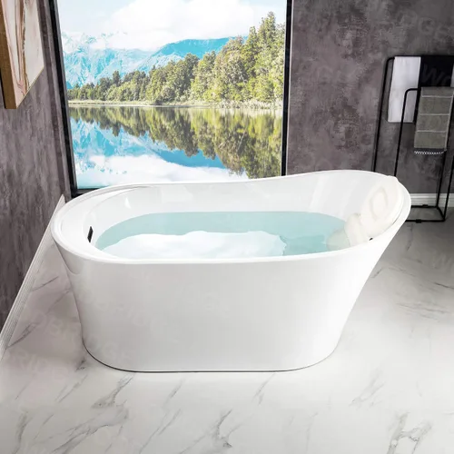 Miniatura 8 de WOODBRIDGE Bañera de acrílico independiente de 59 pulgadas, bañera contemporánea con desbordamiento y drenaje negro mate B0083-MB-Drain O/blanco
