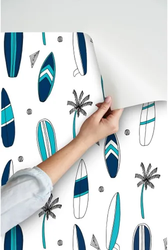 Miniatura 3 de Spoonflower Papel tapiz para despegar y pegar - Tabla de surf Tropical Verano Azul marino Blanco Playa Azul Papel pintado extraíble personalizado