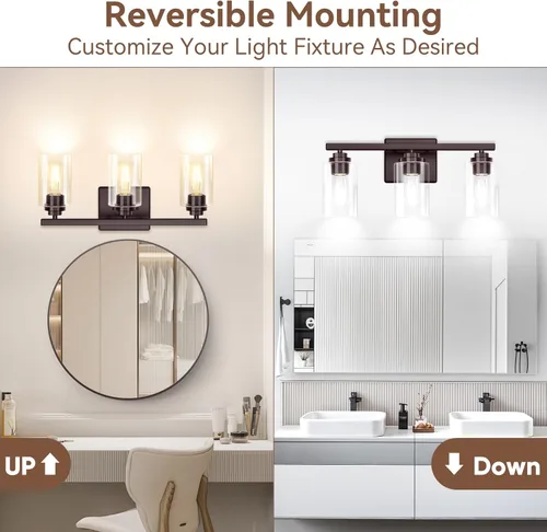 Miniatura 2 de Lámparas de baño de 3 luces, 19 pulgadas, modernas luces de tocador sobre espejo con pantallas de vidrio transparente, accesorio de luz marrón