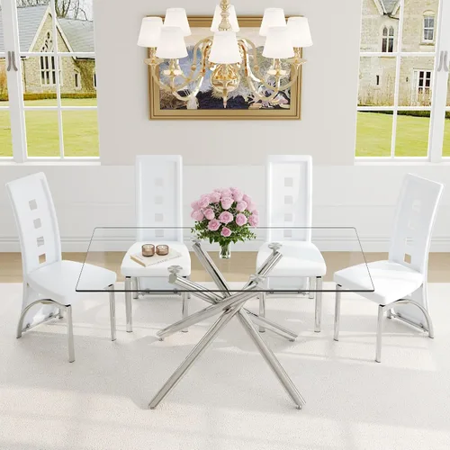Miniatura 10 de Juego de mesa de comedor moderna para mesa de comedor negra de 4,63 pulgadas, juego de 4 con patas de metal dorado, mesa de cocina rectangular