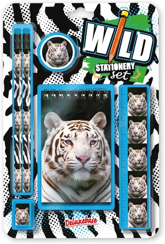 Deluxebase Wild Stationery Set - Tigre blanco de animales de papelería con 2 lápices, borrador, sacapuntas, regla y lindo cuaderno. Suministros de