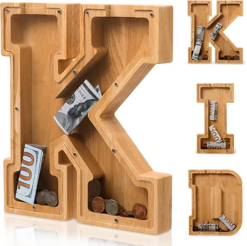 Miniatura 6 de Alcancía de madera con letras para niños, niñas y adultos, 10 pulgadas, grande, 26 letras, irrompible, caja de dinero, con calcomanía de bricolaje
