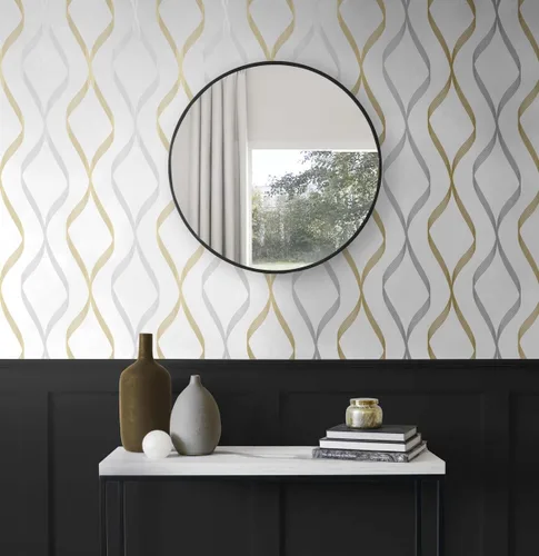 Miniatura 3 de NextWall Ogee Ribbon - Papel tapiz autoadhesivo (plateado y dorado)