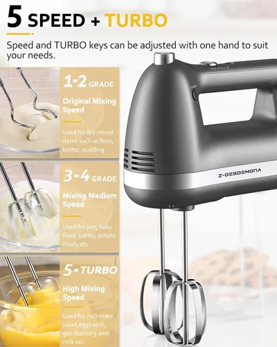 Miniatura 4 de Batidora de mano eléctrica, batidora de mano eléctrica portátil con batidor 304, gancho para masa, batidora de mano con turbo para hornear pasteles