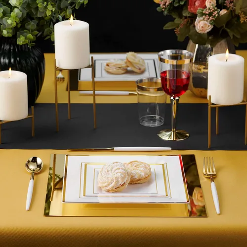 Miniatura 2 de BloominGoods Platos cuadrados desechables de plástico para postre, paquete de 50 platos cuadrados de 6.5 pulgadas, color blanco con borde dorado
