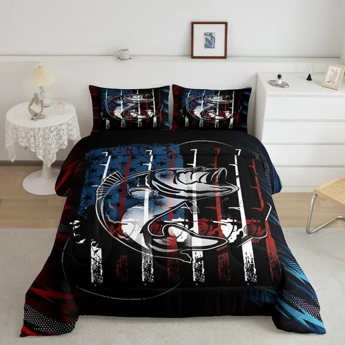 Miniatura 10 de Erosebridal Juego de ropa de cama de pesca tamaño individual, juego de edredón de peces coloridos para niños, adolescentes, hombres, pescadores